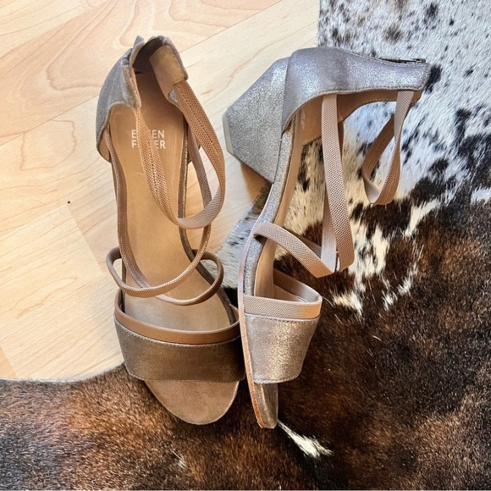 EILEEN FISHER Gold Metallic Gladiator Strappy Heel Sandal Size 10 Boho